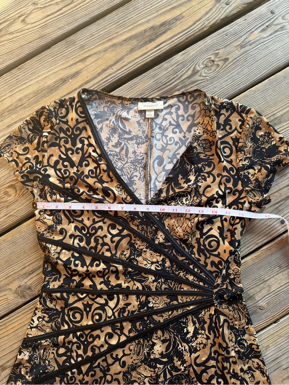 DressBarn Black Tan Baroque Scroll Print Faux Wrap Midi Dress Size 14 - Picture 5 of 9